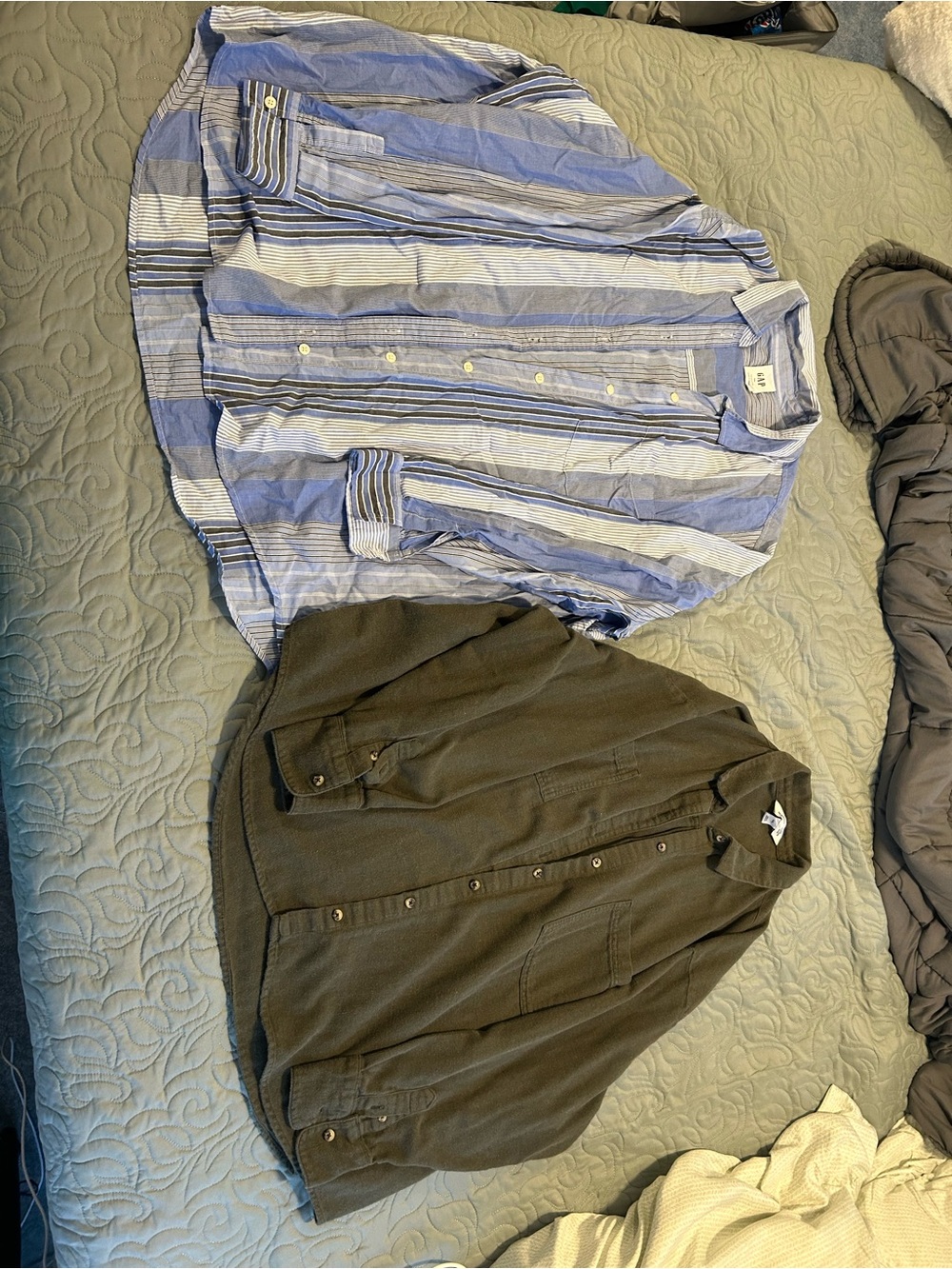 GAP Blue and White Striped Button-Down & Old Navy Olive Green Button-Down Shirts